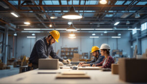 A photograph of a well-lit industrial workspace showcasing modern led lighting fixtures in use