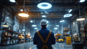 A photograph of a well-lit warehouse interior showcasing various types of lighting fixtures in use