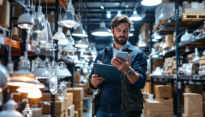 A photograph of a lighting contractor examining a variety of commercial wholesale lighting fixtures in a well-organized warehouse