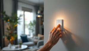 A photograph of a skilled lighting contractor installing or adjusting a modern light switch in a stylish residential setting