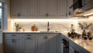 A photograph of a beautifully designed kitchen featuring elegant under cabinet lighting that highlights the countertops and creates a warm