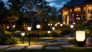 A photograph of a beautifully illuminated outdoor space featuring various styles of solar lights