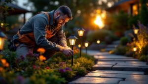 A photograph of a professional lighting contractor installing solar lights in a beautifully landscaped outdoor setting