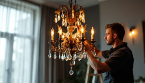 A photograph of a beautifully designed chandelier in a well-lit room