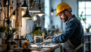 A photograph of a skilled lighting contractor at work