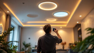 A photograph of a stylishly designed room featuring various recessed lighting installations