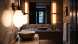 A photograph of a beautifully designed vanity light fixture in an elegant bathroom setting