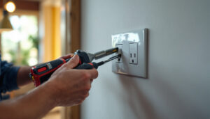 A photograph of a skilled lighting contractor installing or inspecting an electrical outlet in a residential or commercial setting