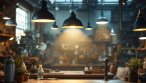 A photograph of a well-lit workshop or retail space showcasing various styles of shop lights in use