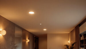 A photograph of a beautifully designed room featuring recessed can lights