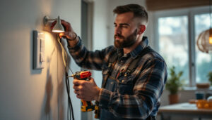 A photograph of a skilled lighting contractor demonstrating the installation of a 3-way switch in a well-lit home environment