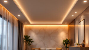 A photograph of a beautifully designed interior space featuring recessed lighting