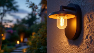 A photograph of a beautifully designed outdoor light fixture installed in a landscaped setting