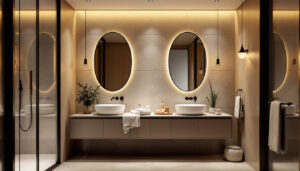 A photograph of a beautifully designed bathroom featuring stylish and functional lighting fixtures