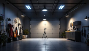 A photograph of a well-lit garage showcasing various types of stylish and functional garage lighting fixtures