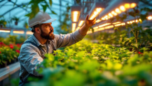 A photograph of a lighting contractor installing or adjusting led grow lights in a vibrant indoor garden or greenhouse setting