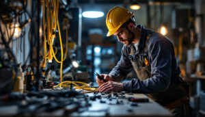 A photograph of a lighting contractor expertly handling various types of power cords in a well-lit workspace