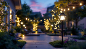 A photograph of a beautifully lit outdoor space featuring solar outdoor lights in various settings