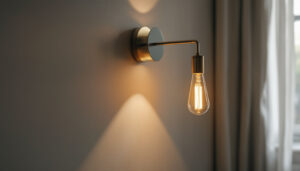 A photograph of a stylish sconce light fixture installed on a well-decorated wall