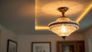 A photograph of a beautifully designed ceiling light fixture in a well-lit room