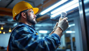 A photograph of a lighting contractor in action