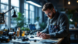 A photograph of a skilled lighting contractor working with various satco lighting products in a well-lit