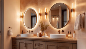 A photograph of a stylish bathroom featuring elegant vanity light fixtures that highlight the space