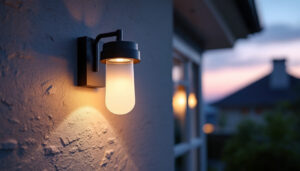 A photograph of a beautifully designed exterior light fixture installed on a stylish home facade