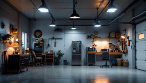 A photograph of a well-lit garage showcasing various types of lighting fixtures