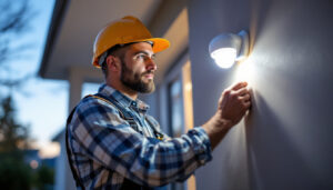 A photograph of a skilled lighting contractor installing or adjusting motion sensor lights in a residential or commercial setting