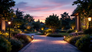 A photograph of a well-lit outdoor space showcasing various styles of flood lights in use