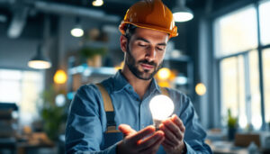 A photograph of a lighting contractor examining a high-quality led light bulb in a well-lit workspace