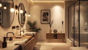 A photograph of a beautifully designed bathroom featuring a variety of stylish lighting fixtures