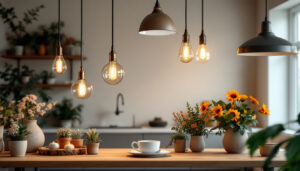 A photograph of a beautifully arranged scene featuring various styles of hanging lights in a well-lit room