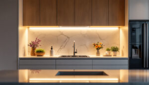 A photograph of a beautifully designed kitchen featuring stylish under cabinet lighting that highlights the countertops