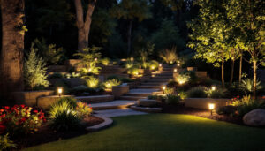 A photograph of a beautifully illuminated outdoor landscape featuring various landscape lighting installations