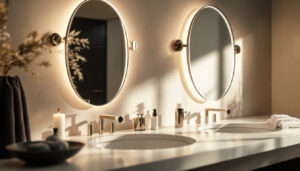 A photograph of a beautifully designed bathroom or vanity area featuring stylish and modern vanity lighting fixtures