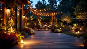 A photograph of a beautifully illuminated outdoor space featuring various styles of led lights