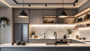 A photograph of a beautifully designed kitchen featuring modern ceiling lights that highlight the space's functionality and aesthetic