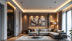 A photograph of a well-lit room featuring stylish recessed lighting installations