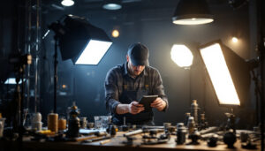 A photograph of a skilled lighting contractor at work