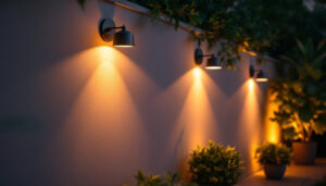 A photograph of a beautifully illuminated outdoor wall with stylish lighting fixtures that enhance the ambiance of a garden or patio setting during twilight