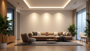 A photograph of a well-lit room showcasing various styles of recessed lighting installations